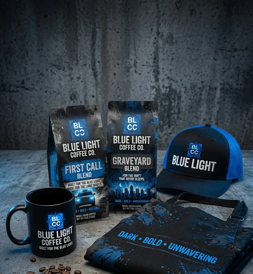BLCC coffee pouches, mug, trucker cap and apron laid out together