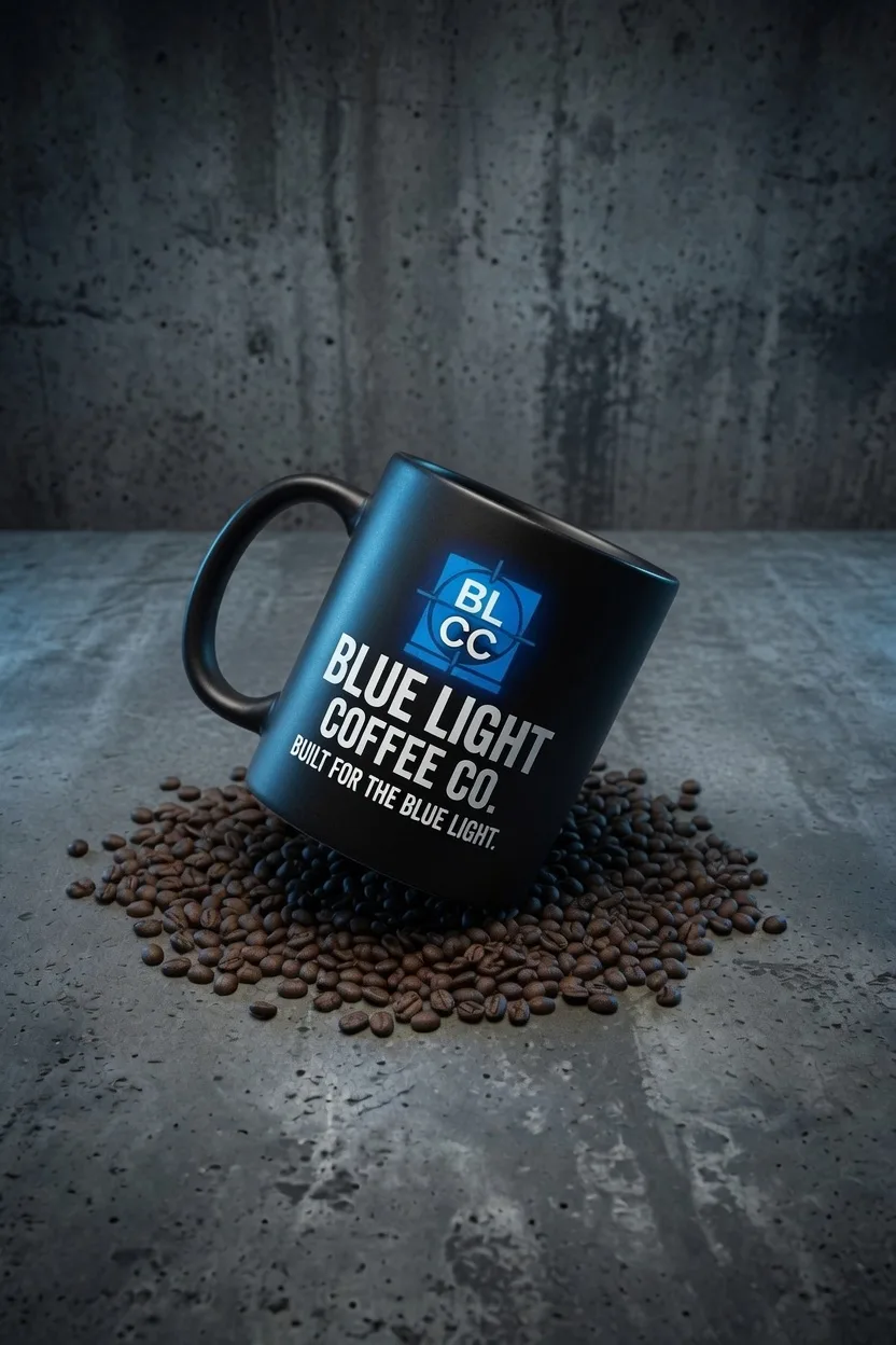 BLCC black glazed stoneware mug on a bed of coffee beans